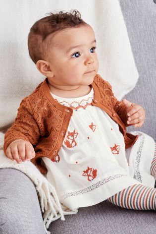 Ecru Fox Embroidered Dress (0mths-2yrs)